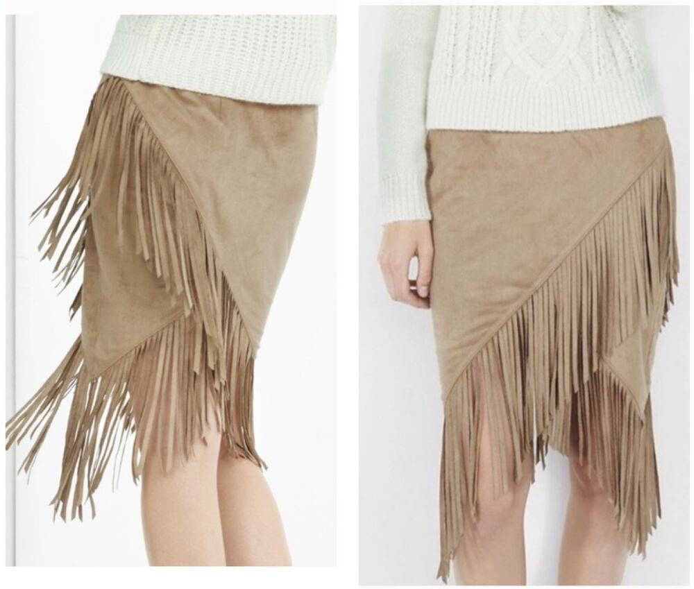 Express Faux Suede Symmetrical Fringe Skirt in a tan/ brown colour size 4